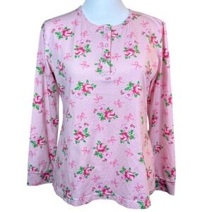 Classic Whimsy Womens Pink Floral Bows Polka Dot Long‎ Sleeve Top Small Coquette